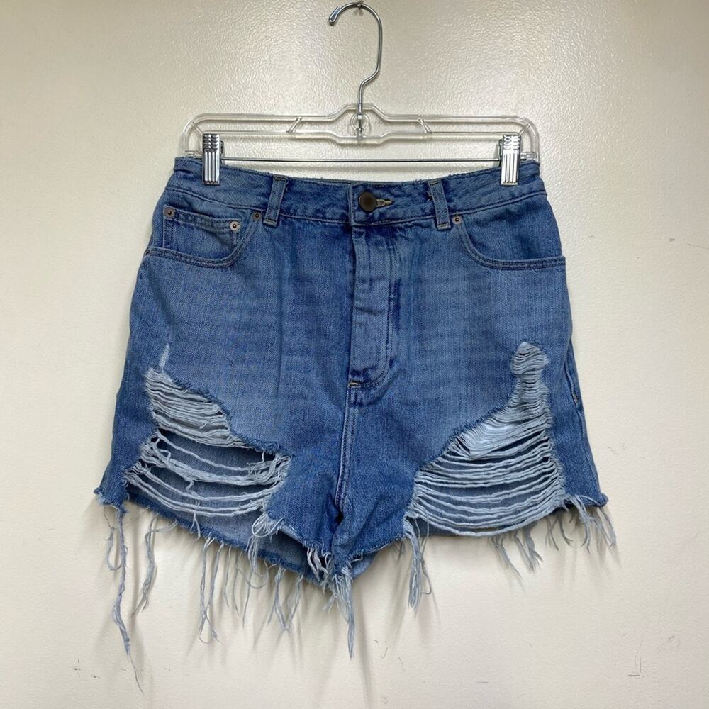 ASOS Raw Hem Destroyed Distressed High Rise Denim Shorts Ladies Sz 8 Button Fly